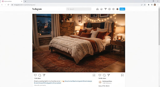 Moody bedroom styled with a rust Haus & Harbour rug