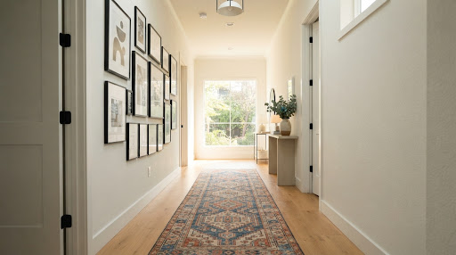 Sunlit hallway styled with a Haus & Harbour runner